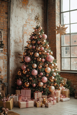 Christmas Room Interior Design, Xmas Tree Decorated By Lights Presents Gifts Toys, Candles And Garland Lighting Indoors Fireplaceの素材