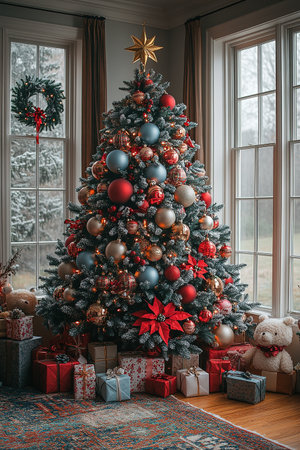 Christmas Room Interior Design, Xmas Tree Decorated By Lights Presents Gifts Toys, Candles And Garland Lighting Indoors Fireplaceの素材