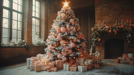 Christmas Room Interior Design, Xmas Tree Decorated By Lights Presents Gifts Toys, Candles And Garland Lighting Indoors Fireplaceの素材