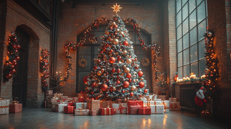 Christmas Room Interior Design, Xmas Tree Decorated By Lights Presents Gifts Toys, Candles And Garland Lighting Indoors Fireplaceの素材