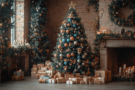 Christmas Room Interior Design, Xmas Tree Decorated By Lights Presents Gifts Toys, Candles And Garland Lighting Indoors Fireplaceの素材