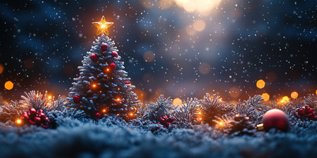 Christmas tree decorated with traditional Christmas decorations, illuminated by Christmas lights that flash with a play of shadows and lights wishing you a Merry Christmas.の素材