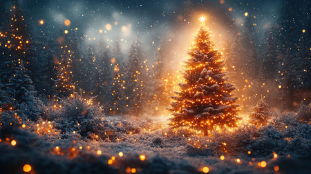 Christmas tree decorated with traditional Christmas decorations, illuminated by Christmas lights that flash with a play of shadows and lights wishing you a Merry Christmas.の素材