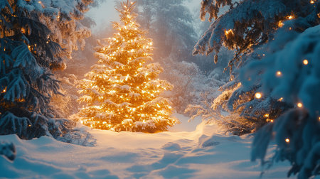 Christmas tree decorated with traditional Christmas decorations, illuminated by Christmas lights that flash with a play of shadows and lights wishing you a Merry Christmas.の素材
