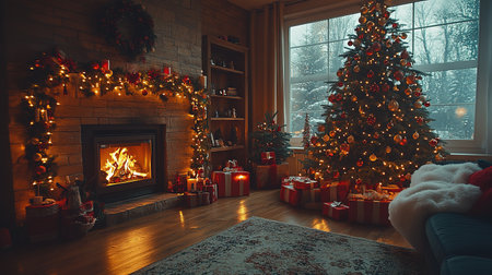 Christmas and New Year interior decoration. Green tree decorated with toys, gifts, present boxes, flashing garland, illuminated lamps. Fireplace and xmas tree. Cozy Christmas atmosphereの素材