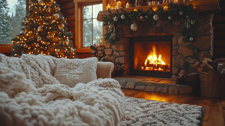 Christmas and New Year interior decoration. Green tree decorated with toys, gifts, present boxes, flashing garland, illuminated lamps. Fireplace and xmas tree. Cozy Christmas atmosphereの素材