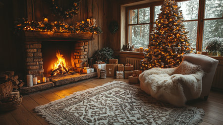Christmas and New Year interior decoration. Green tree decorated with toys, gifts, present boxes, flashing garland, illuminated lamps. Fireplace and xmas tree. Cozy Christmas atmosphereの素材