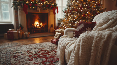 Christmas and New Year interior decoration. Green tree decorated with toys, gifts, present boxes, flashing garland, illuminated lamps. Fireplace and xmas tree. Cozy Christmas atmosphereの素材