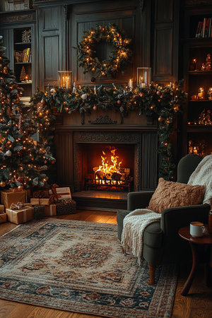 Christmas and New Year interior decoration. Green tree decorated with toys, gifts, present boxes, flashing garland, illuminated lamps. Fireplace and xmas tree. Cozy Christmas atmosphereの素材