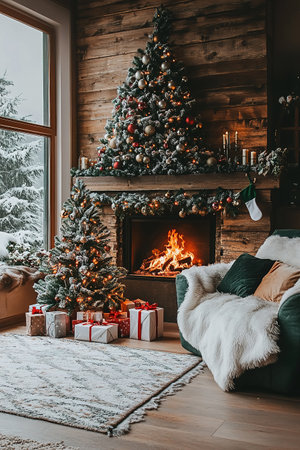 Christmas and New Year interior decoration. Green tree decorated with toys, gifts, present boxes, flashing garland, illuminated lamps. Fireplace and xmas tree. Cozy Christmas atmosphereの素材