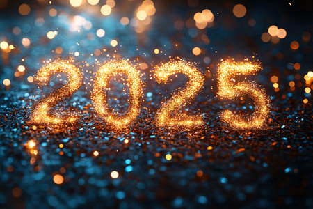 Happy New Year 2025. Burning sparkling text 2025 isolated on black background. Beautiful Glowing design element for greeting card and holiday flyerの素材