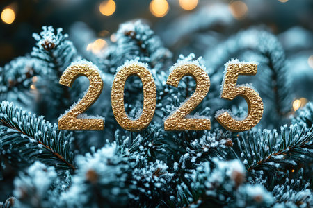 The golden figures 2025 made of candles on a black stone slate background are decorated with a festive decor of stars, sequins, fir branches, balls and garlands. Greeting card, Happy New Year.の素材