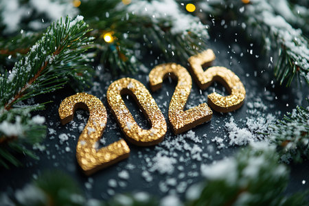 The golden figures 2025 made of candles on a black stone slate background are decorated with a festive decor of stars, sequins, fir branches, balls and garlands. Greeting card, Happy New Year.の素材