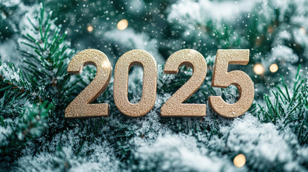 The golden figures 2025 made of candles on a black stone slate background are decorated with a festive decor of stars, sequins, fir branches, balls and garlands. Greeting card, Happy New Year.の素材