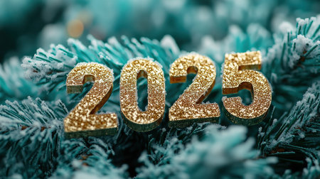 The golden figures 2025 made of candles on a black stone slate background are decorated with a festive decor of stars, sequins, fir branches, balls and garlands. Greeting card, Happy New Year.の素材