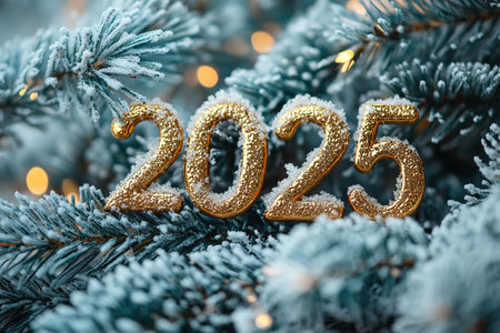 The golden figures 2025 made of candles on a black stone slate background are decorated with a festive decor of stars, sequins, fir branches, balls and garlands. Greeting card, Happy New Year.の素材