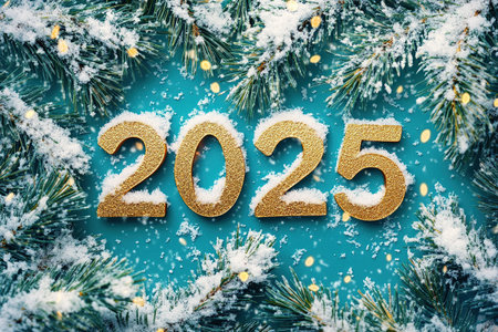 The golden figures 2025 made of candles on a black stone slate background are decorated with a festive decor of stars, sequins, fir branches, balls and garlands. Greeting card, Happy New Year.の素材