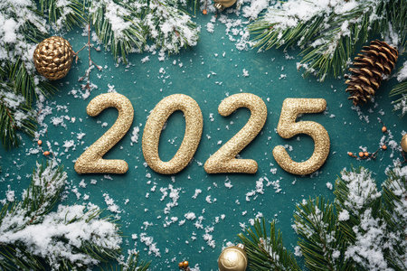 The golden figures 2025 made of candles on a black stone slate background are decorated with a festive decor of stars, sequins, fir branches, balls and garlands. Greeting card, Happy New Year.の素材