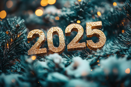 The golden figures 2025 made of candles on a black stone slate background are decorated with a festive decor of stars, sequins, fir branches, balls and garlands. Greeting card, Happy New Year.の素材