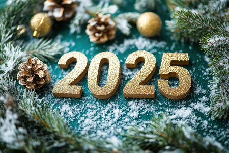 The golden figures 2025 made of candles on a black stone slate background are decorated with a festive decor of stars, sequins, fir branches, balls and garlands. Greeting card, Happy New Year.の素材