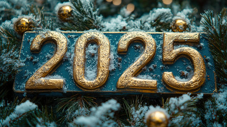 The golden figures 2025 made of candles on a black stone slate background are decorated with a festive decor of stars, sequins, fir branches, balls and garlands. Greeting card, Happy New Year.の素材