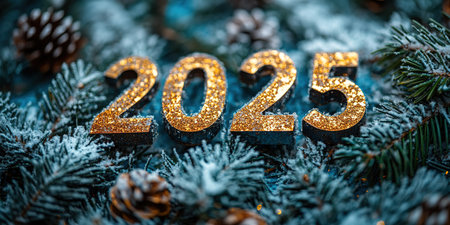 The golden figures 2025 made of candles on a black stone slate background are decorated with a festive decor of stars, sequins, fir branches, balls and garlands. Greeting card, Happy New Year.の素材