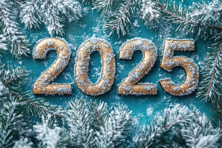 The golden figures 2025 made of candles on a black stone slate background are decorated with a festive decor of stars, sequins, fir branches, balls and garlands. Greeting card, Happy New Year.の素材