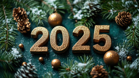 The golden figures 2025 made of candles on a black stone slate background are decorated with a festive decor of stars, sequins, fir branches, balls and garlands. Greeting card, Happy New Year.の素材