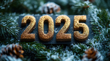 The golden figures 2025 made of candles on a black stone slate background are decorated with a festive decor of stars, sequins, fir branches, balls and garlands. Greeting card, Happy New Year.の素材