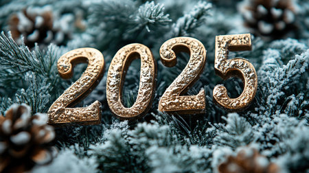 The golden figures 2025 made of candles on a black stone slate background are decorated with a festive decor of stars, sequins, fir branches, balls and garlands. Greeting card, Happy New Year.の素材