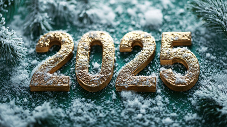 The golden figures 2025 made of candles on a black stone slate background are decorated with a festive decor of stars, sequins, fir branches, balls and garlands. Greeting card, Happy New Year.の素材