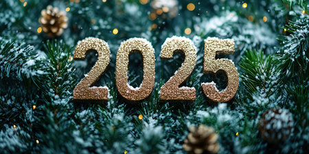 The golden figures 2025 made of candles on a black stone slate background are decorated with a festive decor of stars, sequins, fir branches, balls and garlands. Greeting card, Happy New Year.の素材