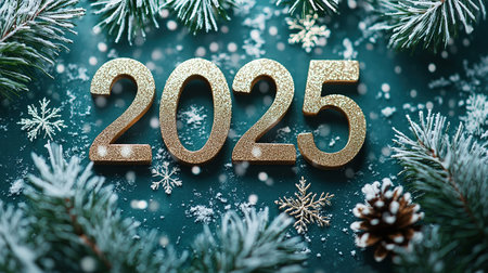 The golden figures 2025 made of candles on a black stone slate background are decorated with a festive decor of stars, sequins, fir branches, balls and garlands. Greeting card, Happy New Year.の素材