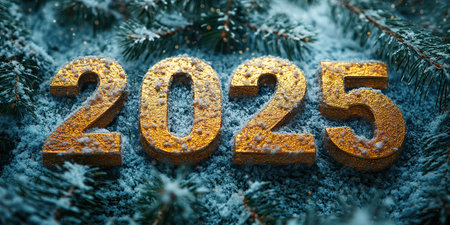 The golden figures 2025 made of candles on a black stone slate background are decorated with a festive decor of stars, sequins, fir branches, balls and garlands. Greeting card, Happy New Year.の素材