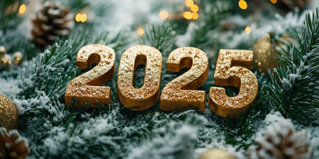 The golden figures 2025 made of candles on a black stone slate background are decorated with a festive decor of stars, sequins, fir branches, balls and garlands. Greeting card, Happy New Year.の素材