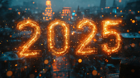 Happy New Year 2025. Burning sparkling text 2025 isolated on black background. Beautiful Glowing design element for greeting card and holiday flyerの素材