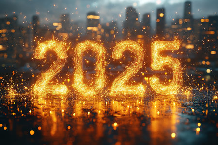 Happy New Year 2025. Burning sparkling text 2025 isolated on black background. Beautiful Glowing design element for greeting card and holiday flyerの素材