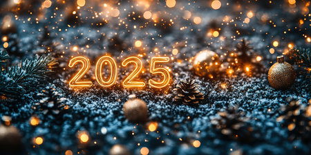 Happy New Year 2025. Burning sparkling text 2025 isolated on black background. Beautiful Glowing design element for greeting card and holiday flyerの素材