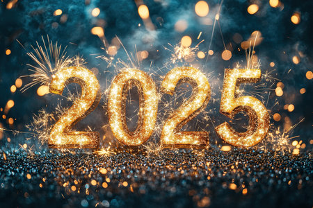 Happy New Year 2025. Burning sparkling text 2025 isolated on black background. Beautiful Glowing design element for greeting card and holiday flyerの素材