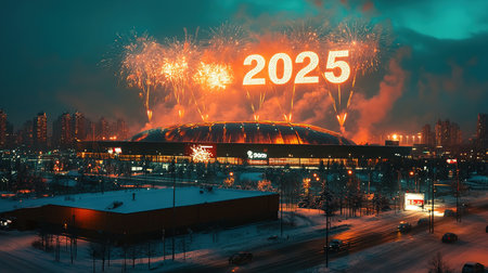 Fireworks in the form of numbers 2025 for New Year or Christmas in the night sky over a big city.の素材