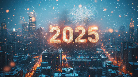 Fireworks in the form of numbers 2025 for New Year or Christmas in the night sky over a big city.の素材