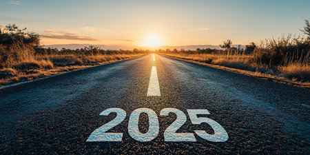 Banner. 2025 goal plan to success, Business target, growth strategy. New year resolution and challenge. 2025 on the road in the middle of asphalt road with at sunset forward and planning to the goal.の素材