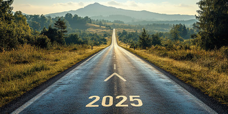 Banner. 2025 goal plan to success, Business target, growth strategy. New year resolution and challenge. 2025 on the road in the middle of asphalt road with at sunset forward and planning to the goal.の素材