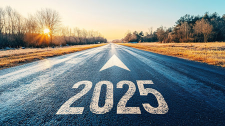 Banner. 2025 goal plan to success, Business target, growth strategy. New year resolution and challenge. 2025 on the road in the middle of asphalt road with at sunset forward and planning to the goal.の素材