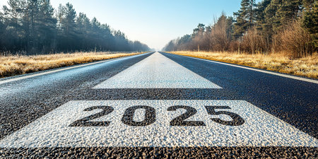Banner. 2025 goal plan to success, Business target, growth strategy. New year resolution and challenge. 2025 on the road in the middle of asphalt road with at sunset forward and planning to the goal.の素材