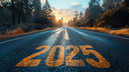 Banner. 2025 goal plan to success, Business target, growth strategy. New year resolution and challenge. 2025 on the road in the middle of asphalt road with at sunset forward and planning to the goal.の素材
