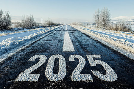 Banner. 2025 goal plan to success, Business target, growth strategy. New year resolution and challenge. 2025 on the road in the middle of asphalt road with at sunset forward and planning to the goal.の素材