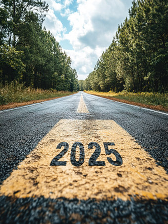 Banner. 2025 goal plan to success, Business target, growth strategy. New year resolution and challenge. 2025 on the road in the middle of asphalt road with at sunset forward and planning to the goal.の素材