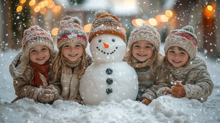 Children have built a funny snowman on the street and pose with it for Christmas or New Year. Kids play outdoors in winter. Children having fun at Christmas time.の素材