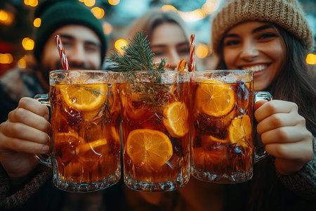 Happy friends having fun drinking mulled wine and hot chocolate at Christmas Market - Cheerful young people enjoying winter holidays on weekend vacation - Tourism lifestyle and friendship conceptの素材